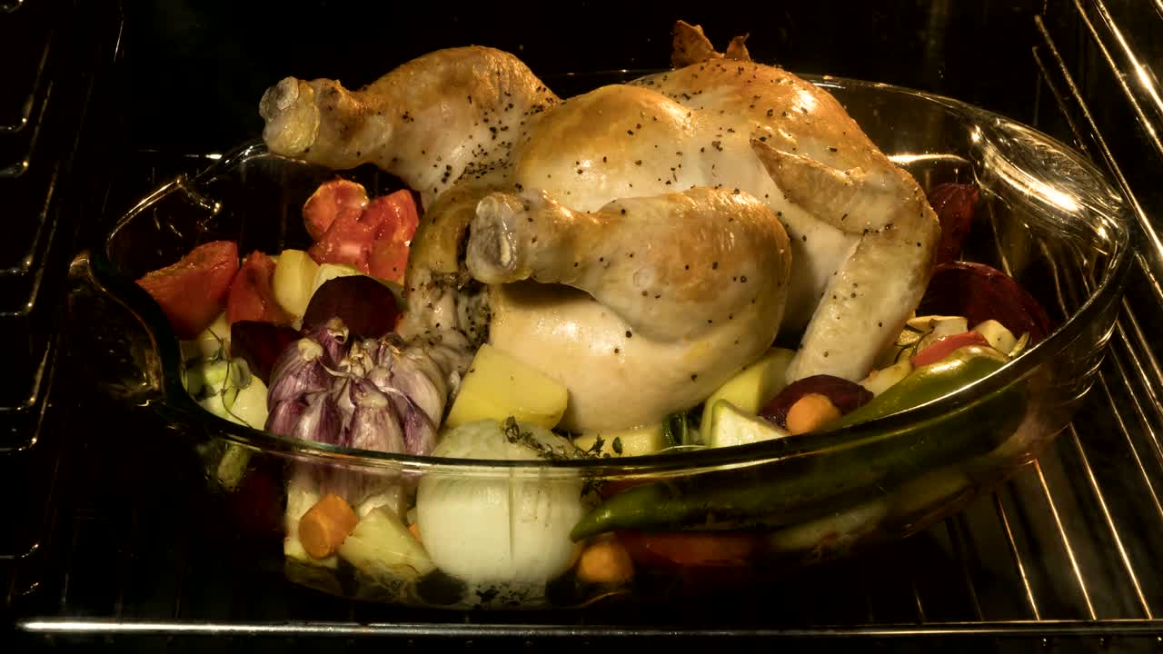 roasting chicken with vegetables in home oven, time lapse