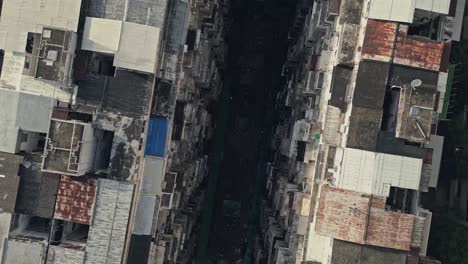 Aerial-overhead-of-an-old-densely-packed-apartment-complex-called-on-Quarry-Bay,-Hong-Kong,-China