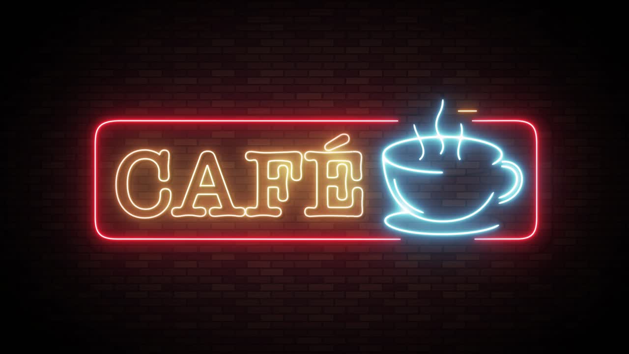 el letrero de neón parpadea a la vida sobre la pared de ladrillo.