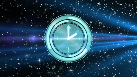 Animation-of-clock-with-moving-hands-over-glowing-stars-on-black-background