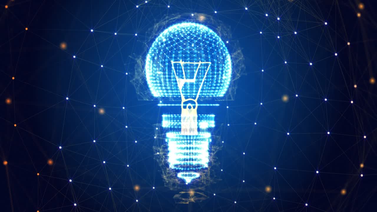 파란색 배경에 연결 네트워크와 함께 회전하는 전구의 애니메이션