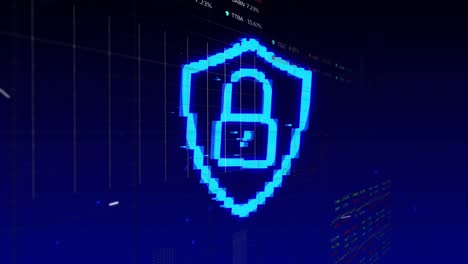 icono de candado de seguridad contra el procesamiento de datos financieros y del mercado de valores contra un fondo azul