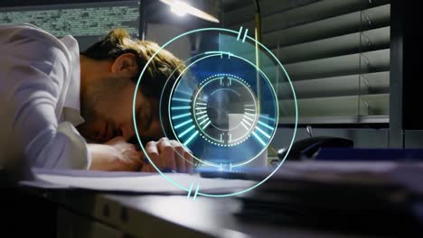 animation of scope scanning over businessman sleeping on desk in office