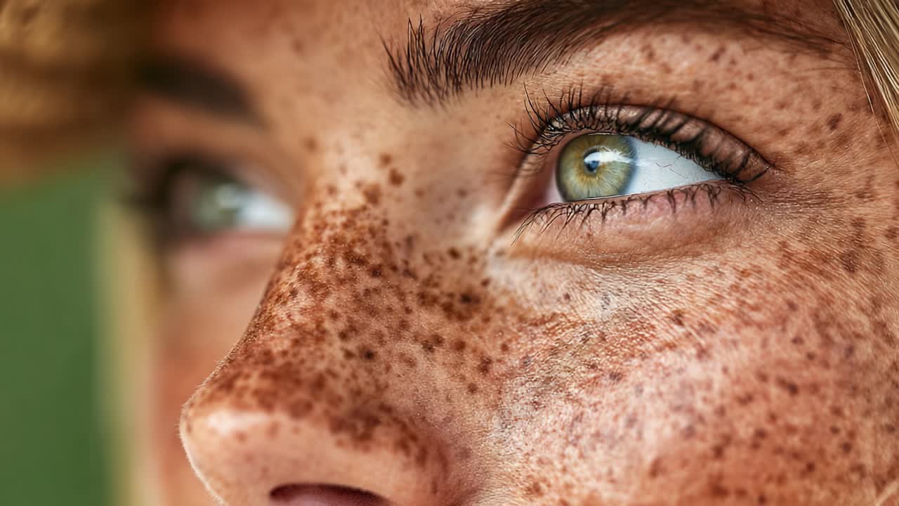 Close-Up Portrait Featuring Detailed Freckles and Expressive Eyes, Highlighting Natural Beauty and Texture in a Soft Green Background