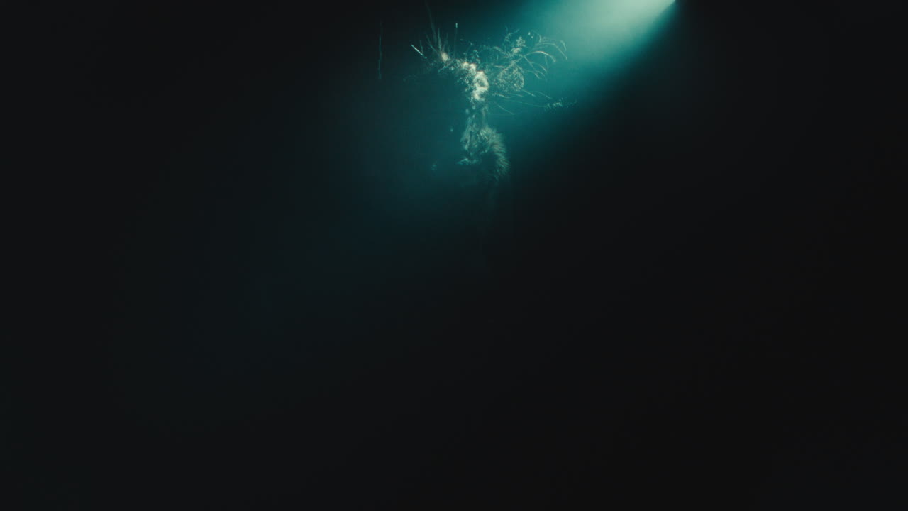 A creepy witch rises her head during the night storm