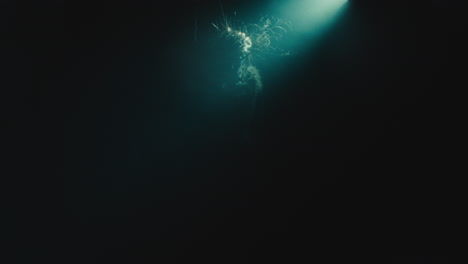 a creepy witch rises her head during the night storm