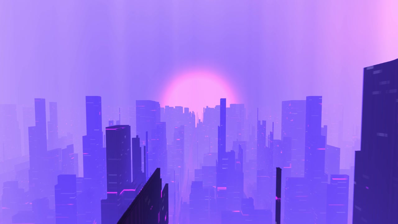 Paisagem Urbana Synthwave Futurista com Sol Brilhante e Névoa Roxa