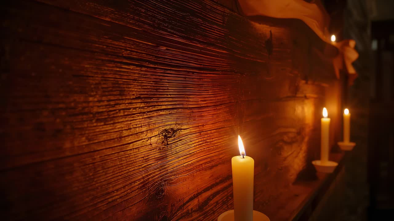 Camera panning, flaming front ivory candle showing candles on wood wall, warming mood, copy space