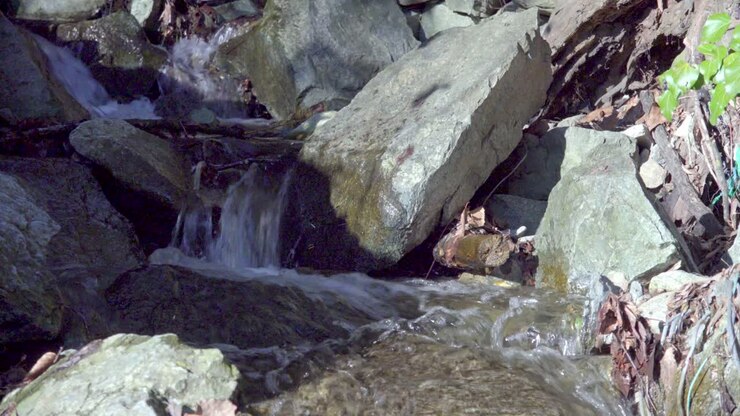 Un ruscello naturale si fa strada su una superficie rocciosa