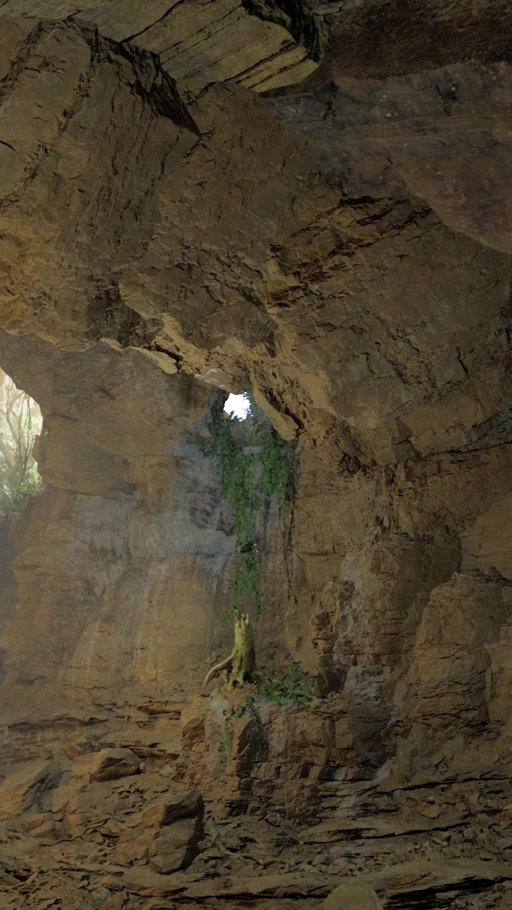 Esplorando l'interno di una grande grotta con formazioni rocciose e un albero che cresce