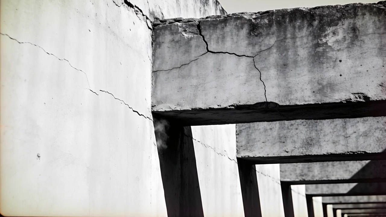 Sliding camera revealing weathered concrete colonnade on rooftop showing cracked lintel and shadows