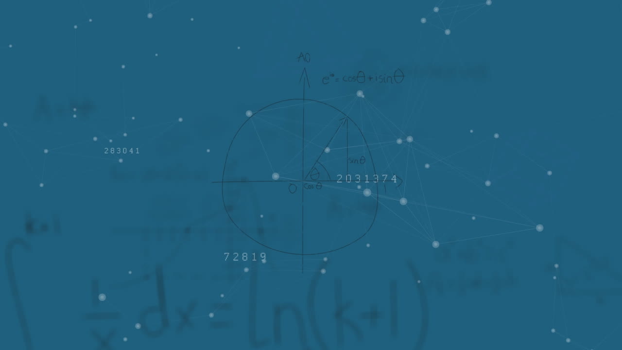 animación de ecuaciones matemáticas y procesamiento de datos sobre fondo azul