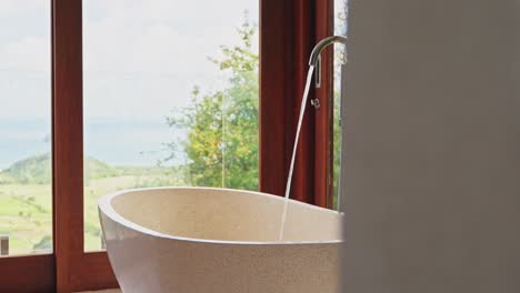 luxury stone freestanding bathtub in hotel room with ocean view