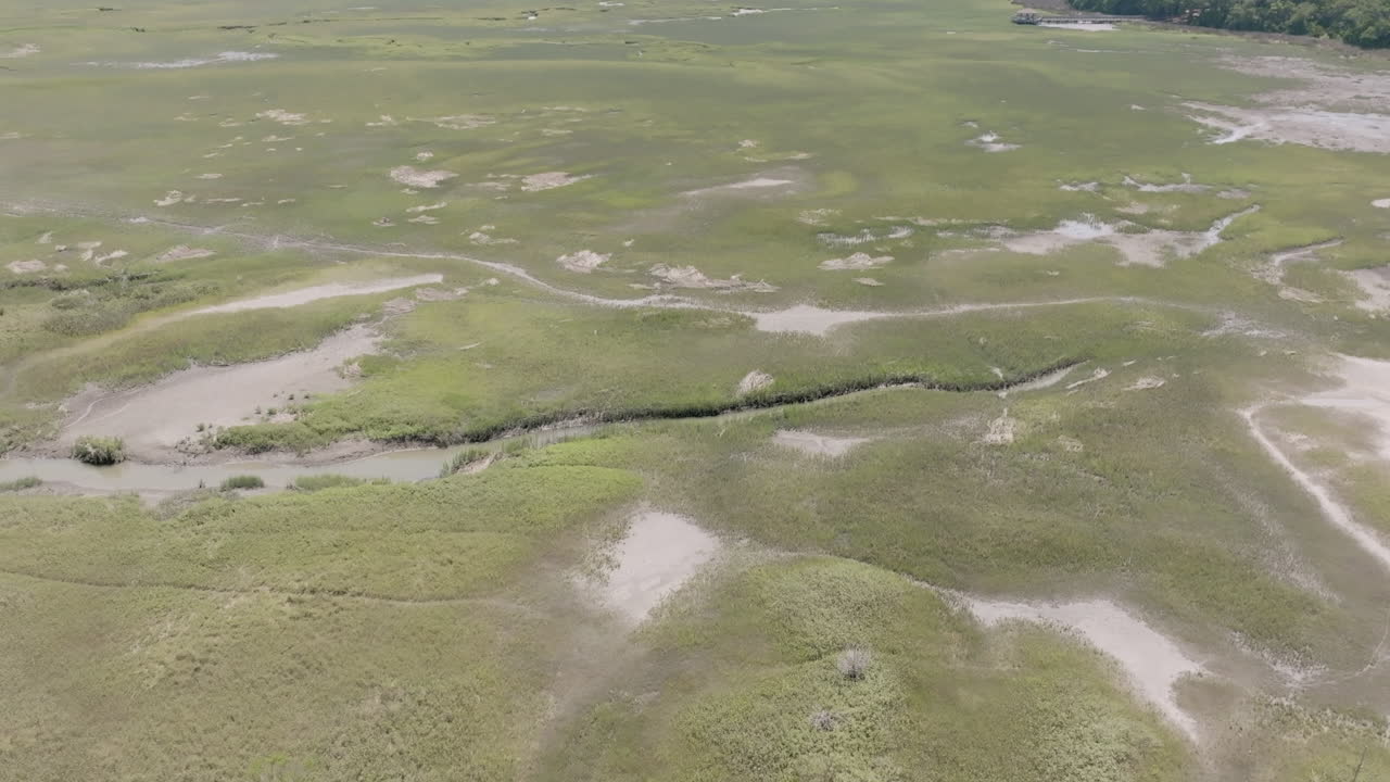 A winding creek slices through vibrant, layered marshland, revealing patches of exposed ground and dense brush in every direction
