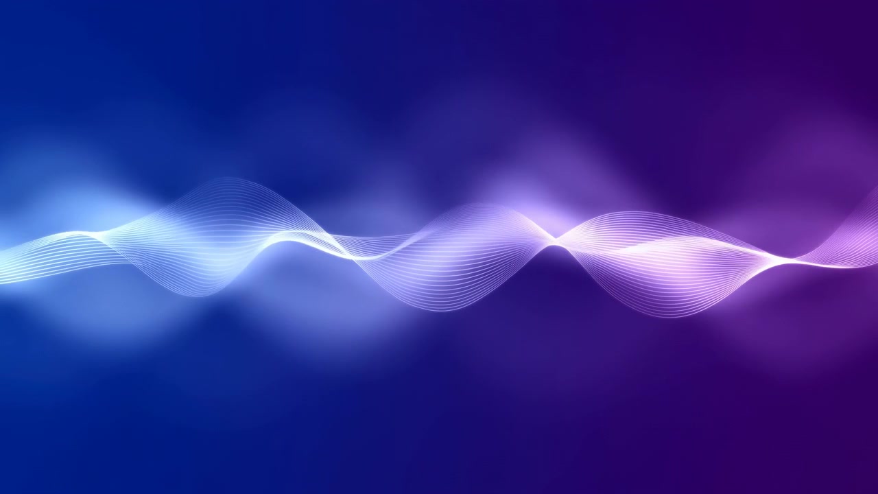 Horizontally flowing light ribbons cross deep blue, violet, and magenta gradient field with soft bloom, gentle blur, and wide central copy space, forming sleek modern digital backdrop