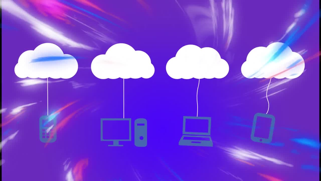 Animation of shapes moving over clouds with icons