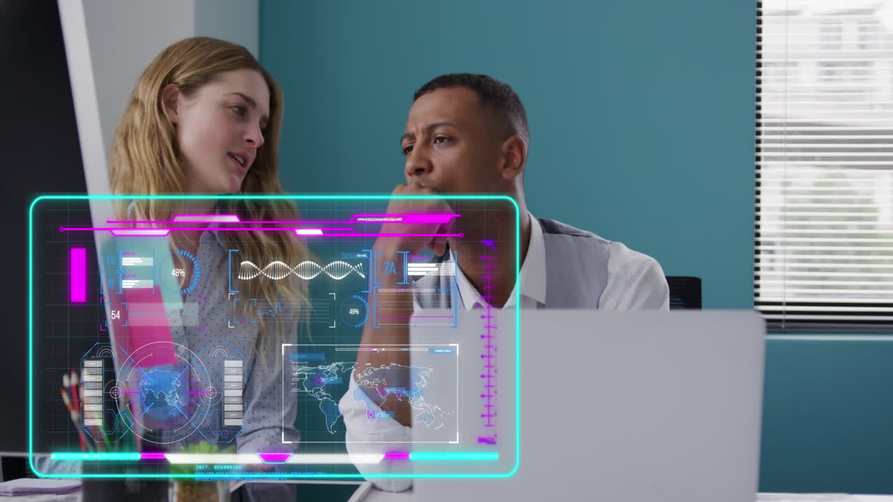 Animation of data processing over diverse business people in office