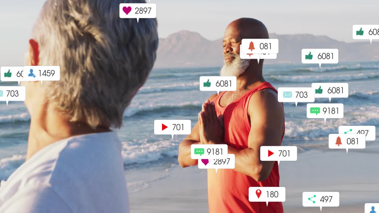 Senior woman meditating man mirroring camera revealing man starting social media badges around pair