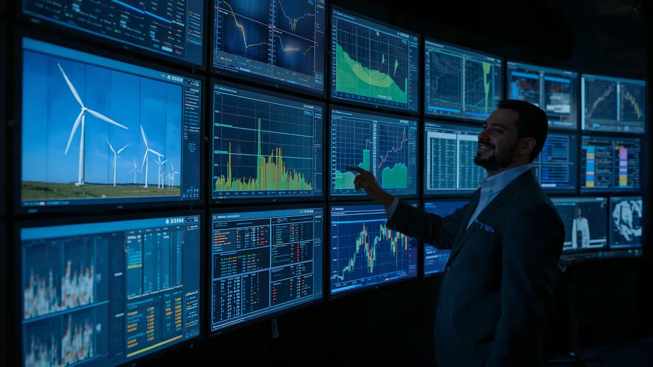 Responding to data update, man in dark suit pointing at curved monitors, wind turbines, copy space