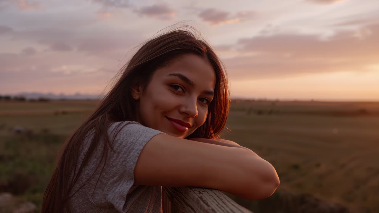 Con el sol poniéndose, una mujer con una camiseta gris apoyada en una valla observa la puesta de sol sobre el campo