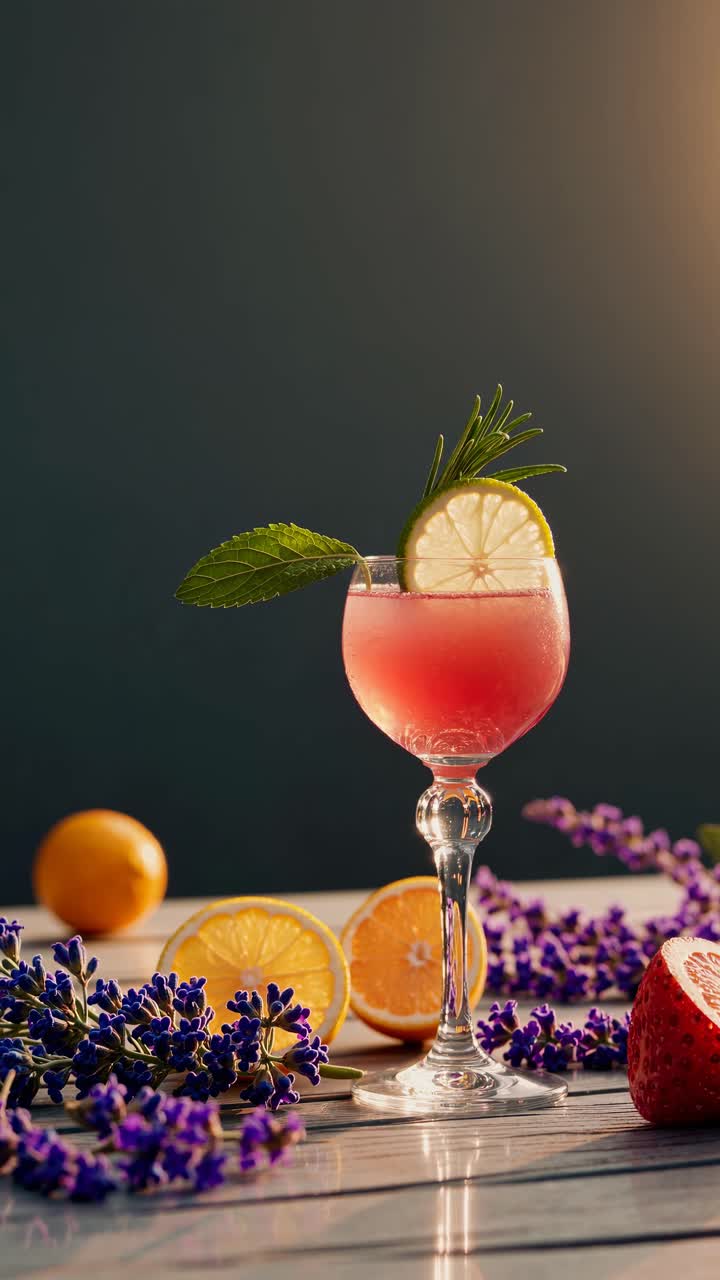 Elegant cocktail video concept with a low-angle shot. A pink drink garnished with lime and herbs