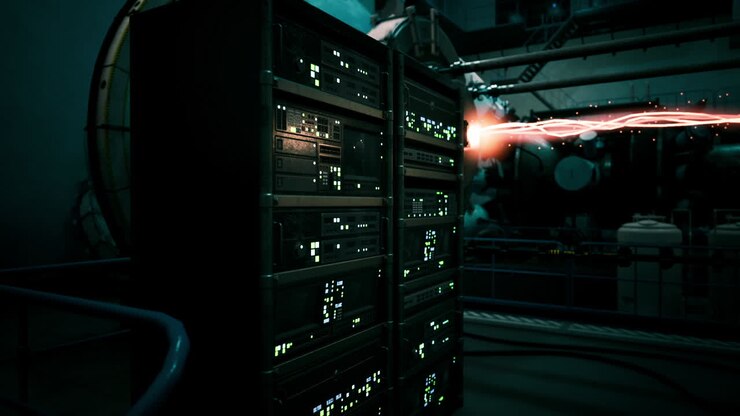 Futuristic equipment and glowing energy beams in a scifi laboratory setting