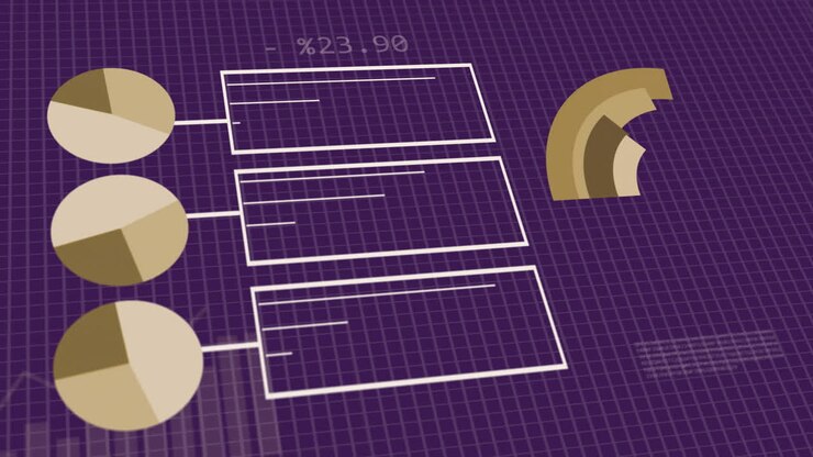 Animation of statistics and data processing over purple background