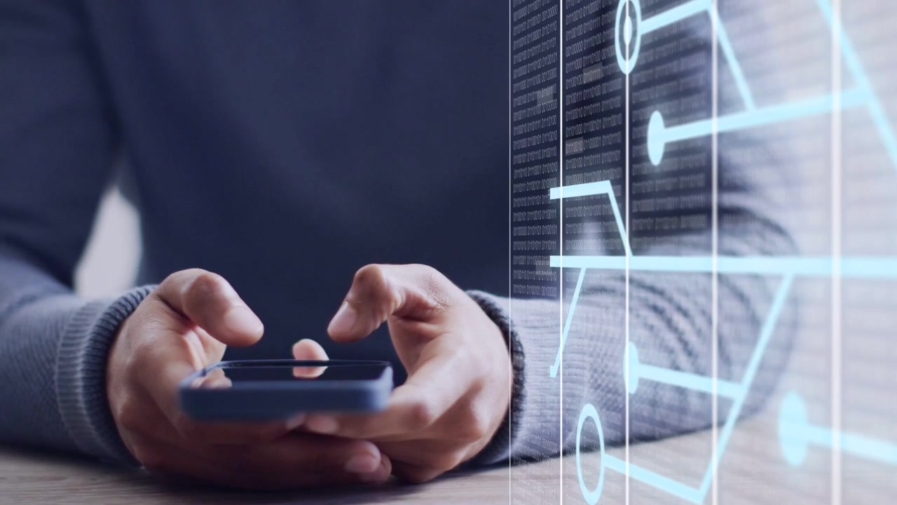 Man single-thumb tapping, two-thumb typing on phone while animated binary grid aligning for tech
