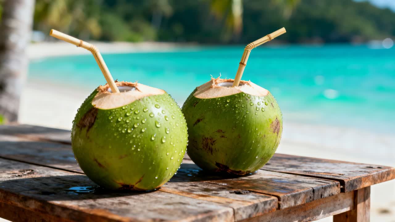 Rispondendo a una leggera brezza, due noci di cocco verdi ondeggiano su un tavolo di legno in spiaggia con goccioline