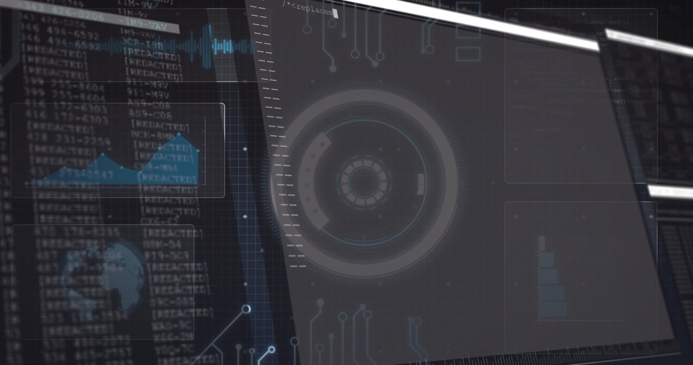 Central HUD pulsing while angled pane sliding in, blinking cursor starting code fill for monitoring