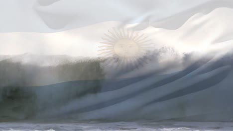 animation of flag of argentina waving over crashing waves in sea