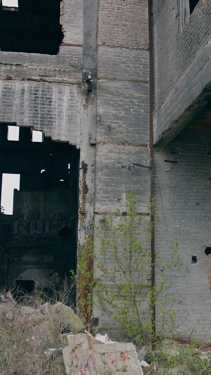 Empty ruined place. Abandoned territory with destroyed buildings with no people after the emissions of chemical attack. Post-apocalyptic zone. Vertical video