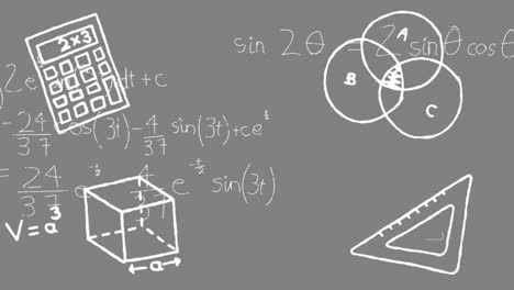 animación de calculadora, cubo, escala, ecuaciones matemáticas y diagramas sobre un fondo gris
