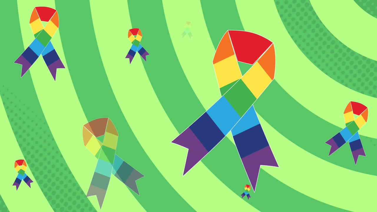 Video of rainbow ribbons over green stripes in background