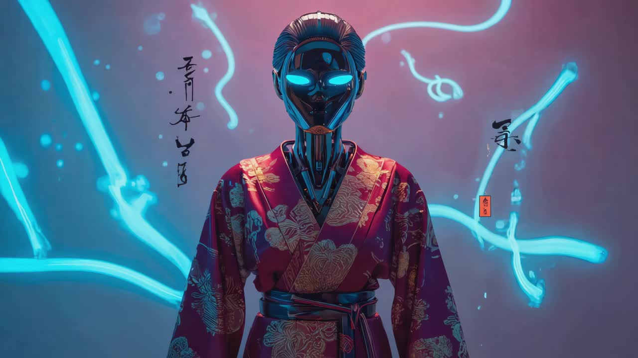 Futuristic Robot in Kimono with Neon Glow
