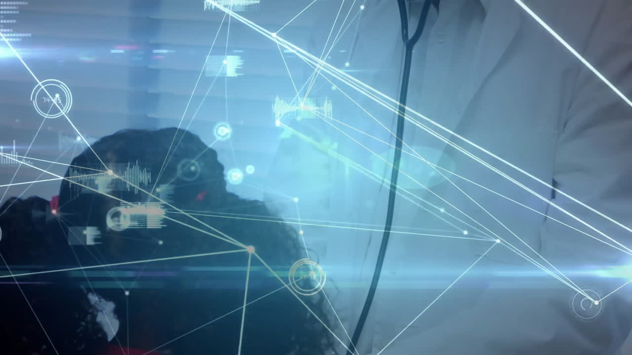 male doctor placing stethoscope on girl patient chest in health clinic, with holographic overlay