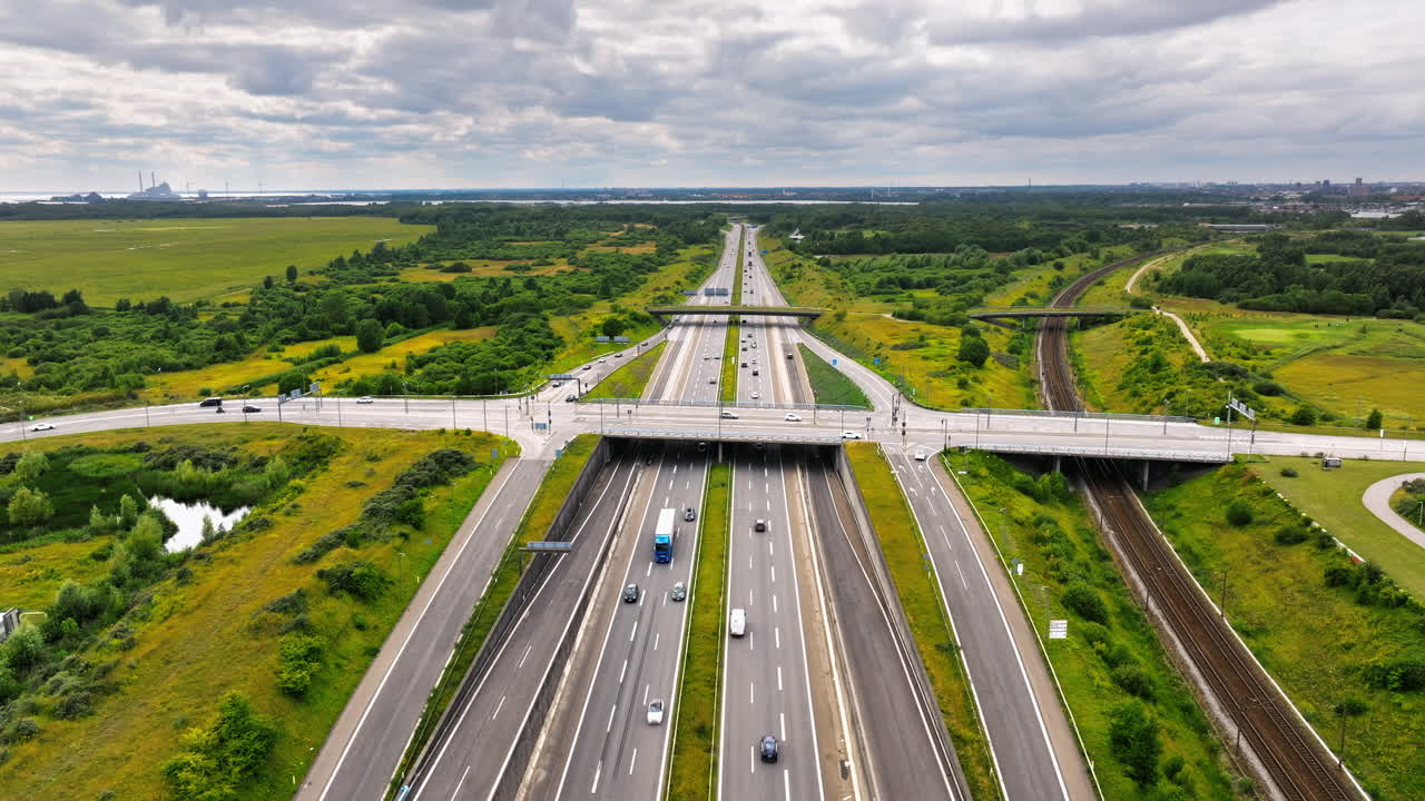 Aerial drone view of the European route E20 on a cloudy day