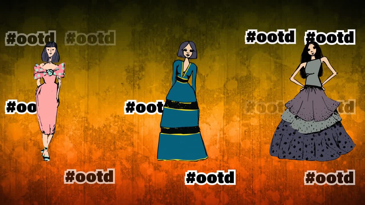 オレンジ色の背景にモデルを描いたファッション絵のアニメーション