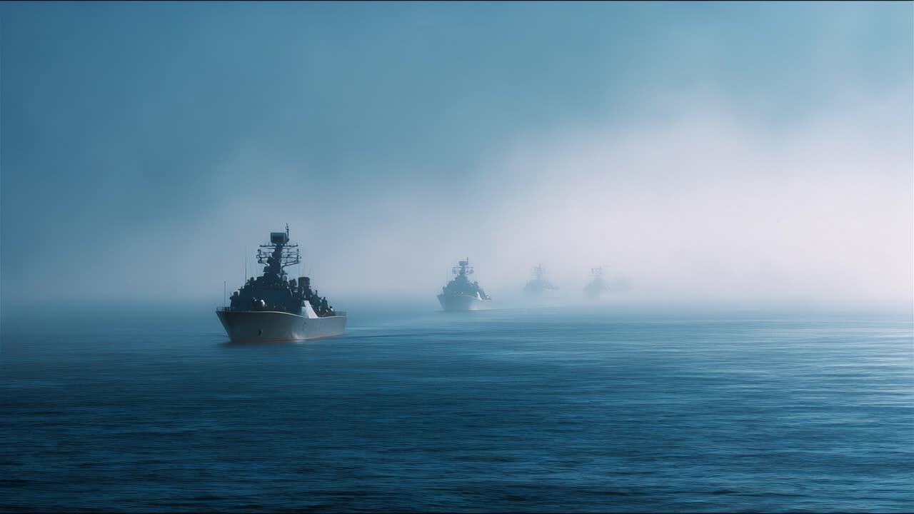 Mistige oceaan scène met oorlogsschepen die in formatie varen. Schepen bewegen rustig door het mistige water. De sfeer voelt mysterieus en gespannen. Geweldig voor militaire, maritieme of spanningsthema projecten