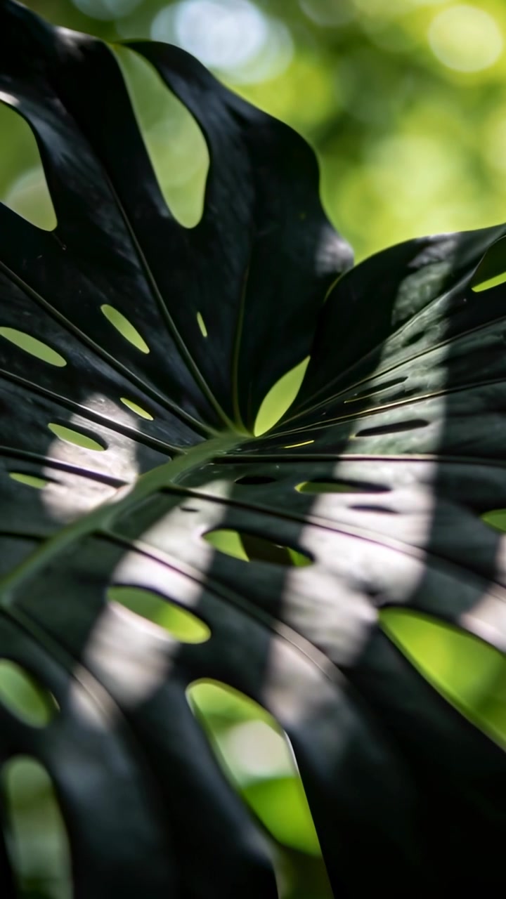 Video verticale: La luce del sole che si sposta, una foglia di Monstera che scivola, rivelando venature e bokeh in giardino.