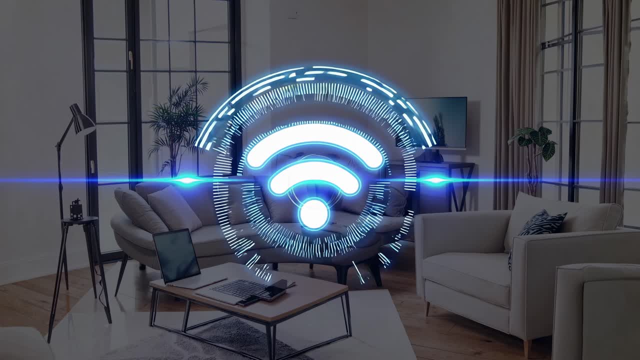 Video concept futuristico con inquadratura dal basso di un soggiorno moderno, caratterizzato da un Wi-Fi luminoso