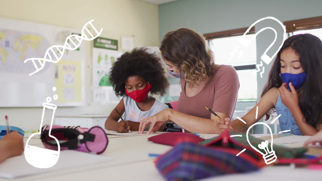 animación de elementos escolares iconos que se mueven sobre los escolares que llevan máscaras faciales