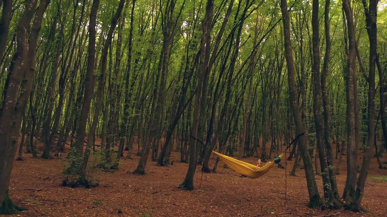 Tomada suave com zoom out de uma garota lendo um livro em uma rede na floresta - glide cam.