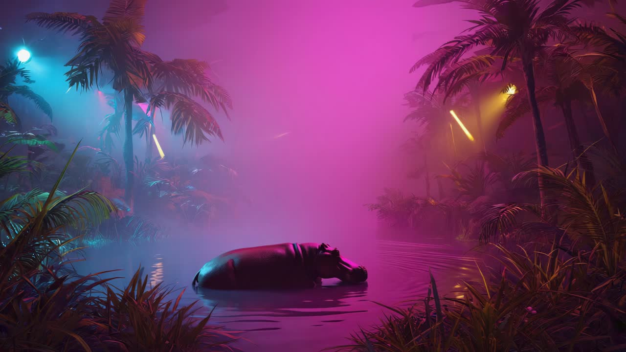 A hippo in a neon jungle