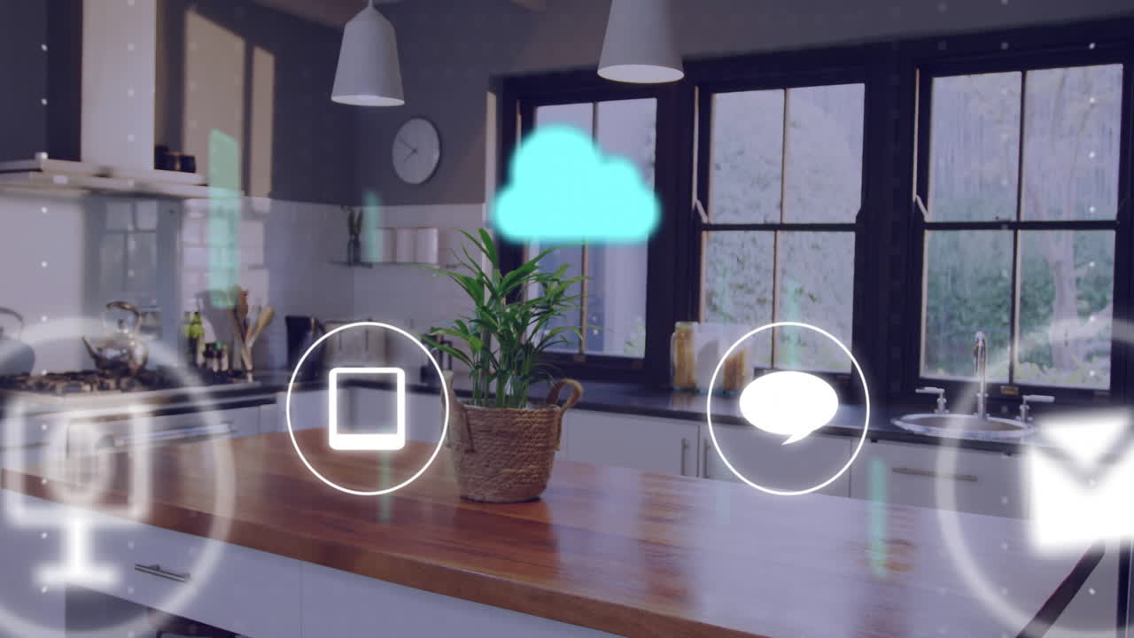 Cloud computing and communication icons animation over modern kitchen interior