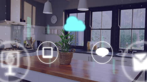 cloud computing and communication icons animation over modern kitchen interior