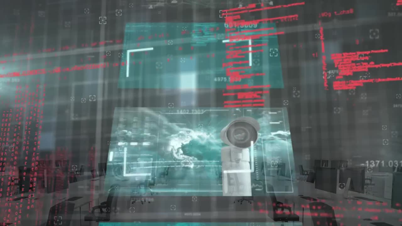 animación del procesamiento de datos y pantallas digitales en la oficina