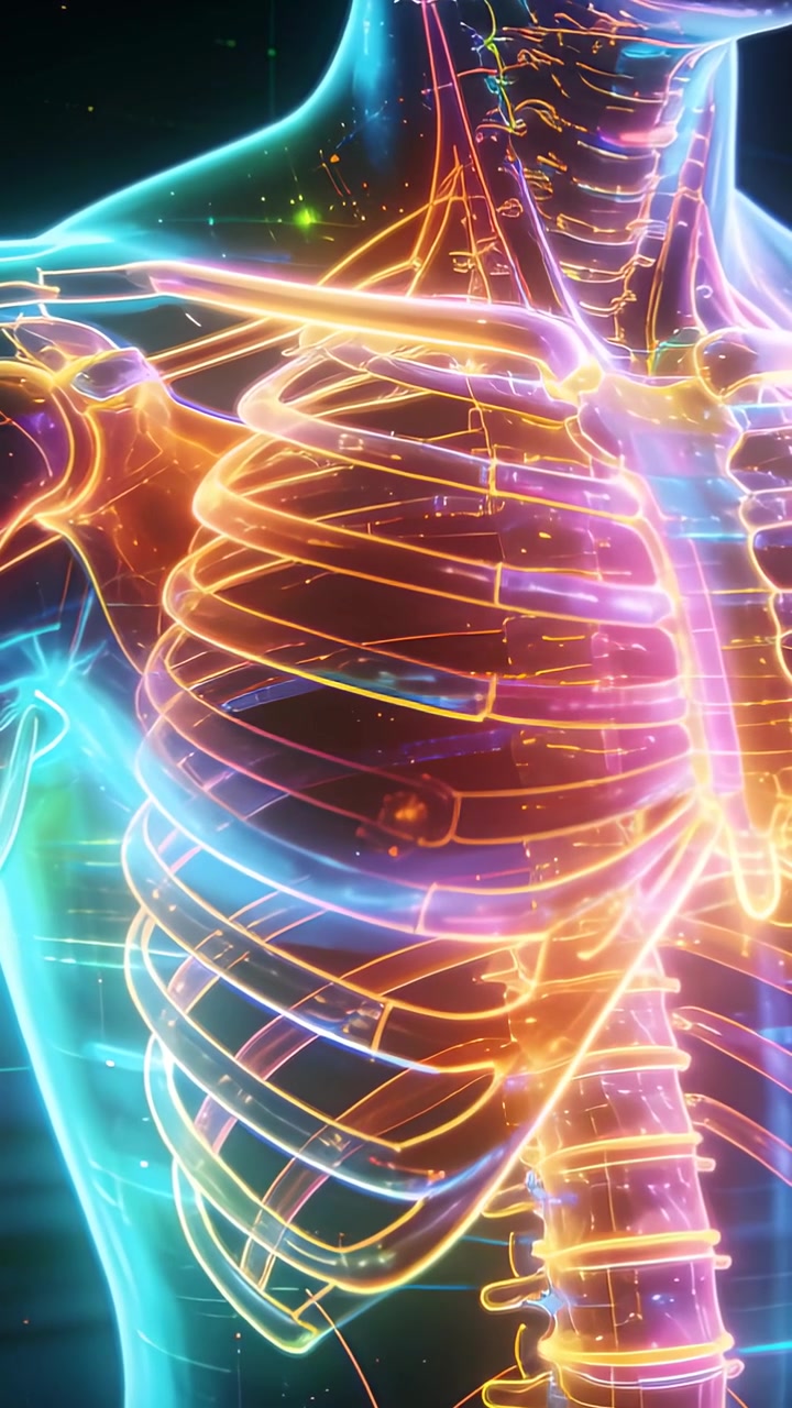 Vertical video: Pulsing neon torso highlighting ribs while camera panning and zooming in studio