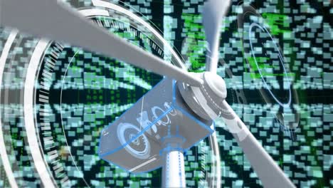 Animation-of-moving-wind-turbine-over-data-processing-on-black-background