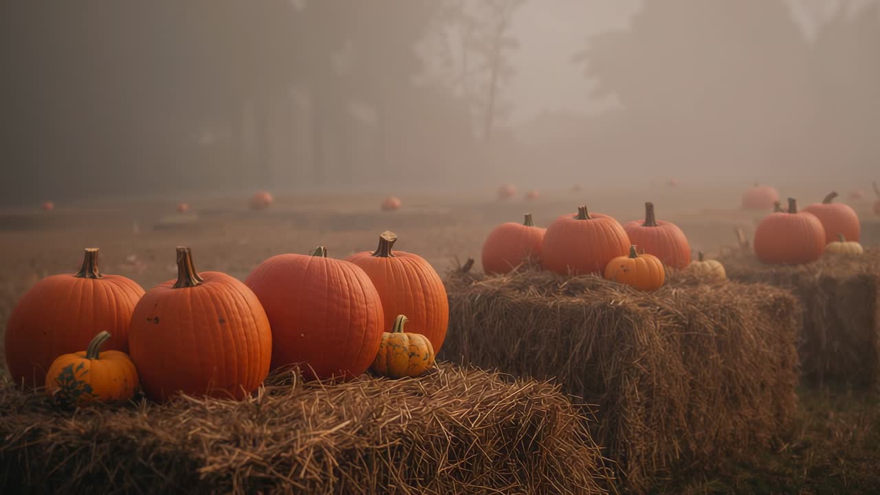 Moving camera panning and zooming out over pumpkin patch in misty field, showcasing hay bales